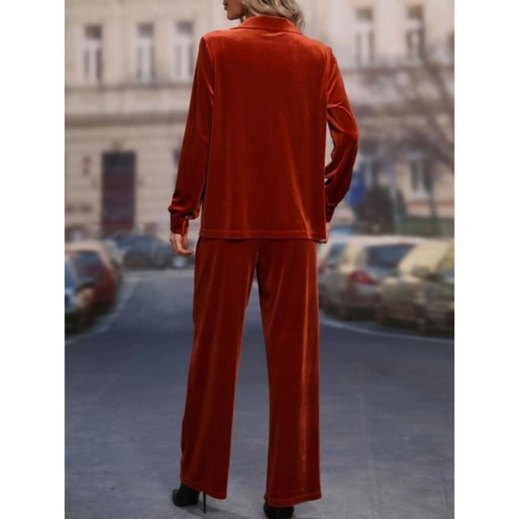 Coord set  Button down long sleeve velvet shirt & Pants Set burnt orange - Picture 4 of 5